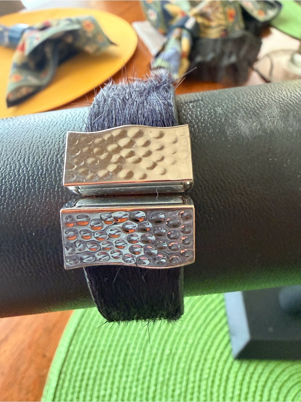 Rustic Cuff Navy Hair-On Leather Bracelet with Hammered Silver Clasp